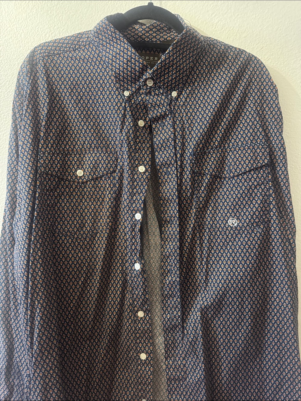 Roper Navy Button-Up Shirt with Orange Accent Geometric Print